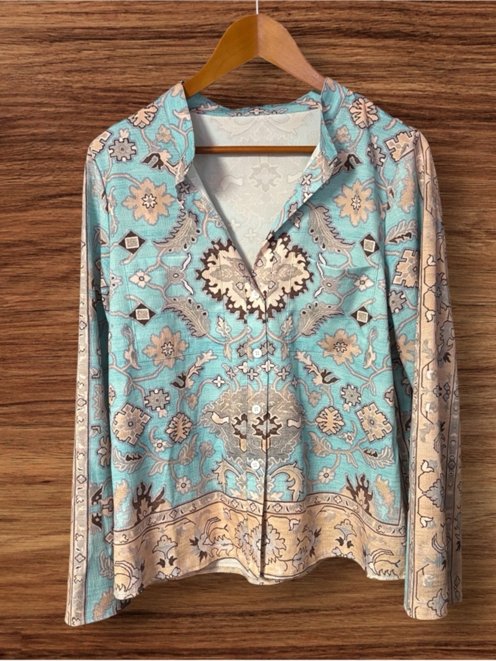 Women’s Turquoise Floral & Paisley Print Button-Down Blouse